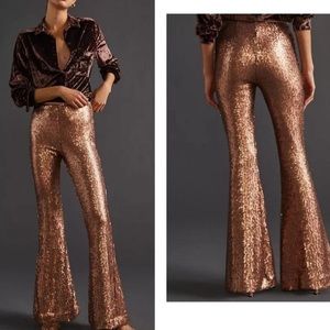 Anthropologie Joni Sequin 4P / Small Gold Metallic Flare Leg High Waist Pants